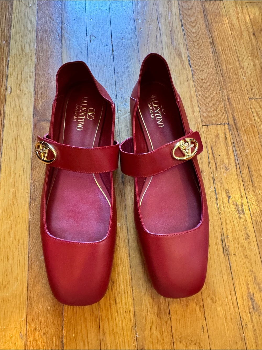 Valentino Red leather Ballet Flats with Gold Logo Buckles